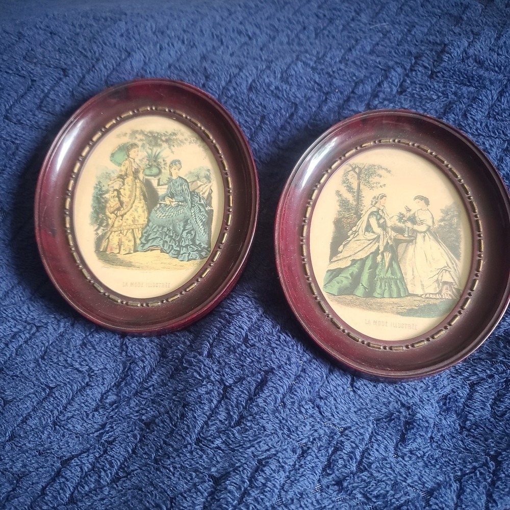 Vintage Oval framed La Mode Illustree Ladies in Gowns Paris mid 1800's set 2